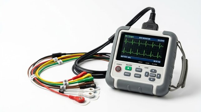 Modern portable ECG machine with colorful leads and digital display showing a heartbeat waveform, designed for medical diagnostics and cardiac monitoring in clinical environments.