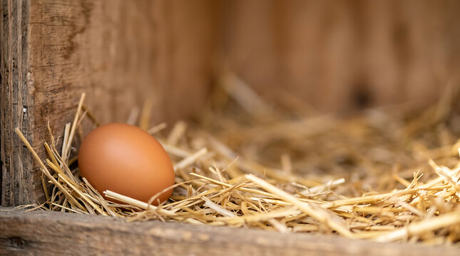 High quality Video footage of a single fresh brown organic chicken egg sitting in a straw nest inside a wooden farmhouse box