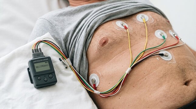 Patient wearing a 24-hour Holter monitor and ECG electrodes on chest for cardiac monitoring and heart rhythm diagnosis in a clinical healthcare environment.