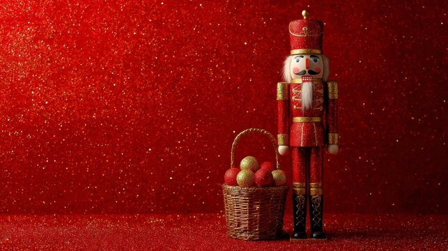 Red and gold nutcracker soldier standing beside wicker basket filled with glittery red and gold christmas balls on sparkling red background