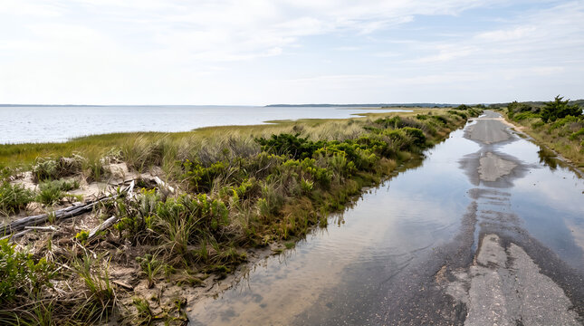 Flooded coastal road beside natural vegetation acting as a protective buffer, useful for climate adaptation, green infrastructure, resilience planning, and sustainability campaigns.