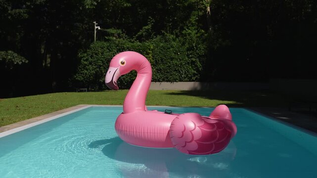 Pink inflatable flamingo floats on the bright blue water of a private swimming pool framed by a lawn and dark hedge in strong summer light.