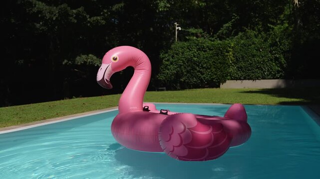 Large pink inflatable flamingo drifts across a turquoise swimming pool beside a lawn and clipped hedge at a private villa in summer.