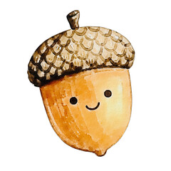 Cute cartoon autumn acorn with a smiling face isolated on white background. Hand-drawn watercolor fall seasonal harvest nut illustration © NOORNABILA