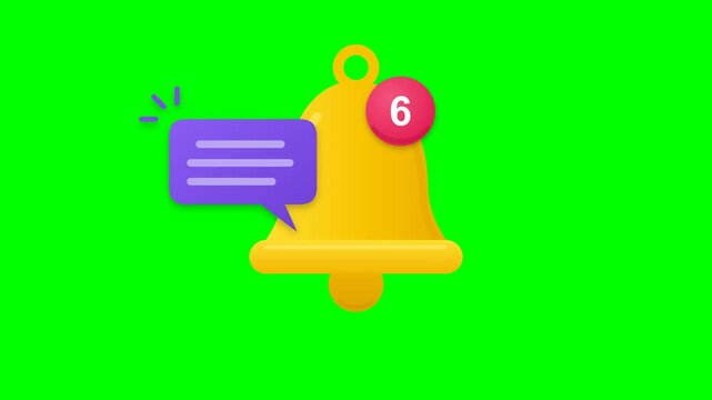 A flat yellow notification bell with swinging clapper and three ring vibrations, purple message bubble and a pink counting badge half attached to the bell on a green screen.