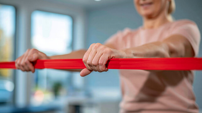 Close macro composition showing senior hands pulling a red resistance band apart during a rehabilitation exercise, visible elastic tension and natural hand posture, bright softly blurred therapy cli
