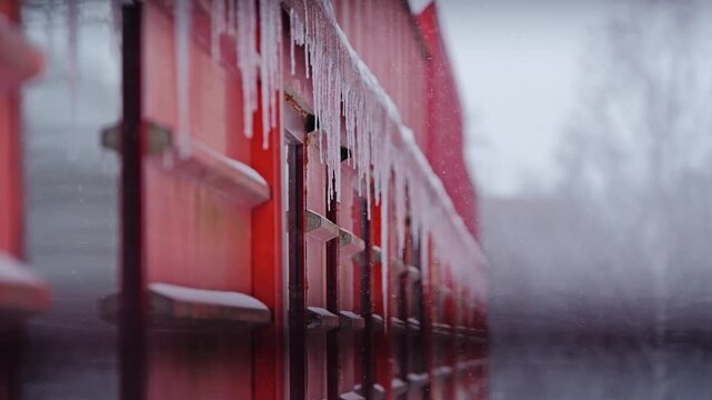 Heavy icicles cover a red home as blowing snow signals winter damage risk