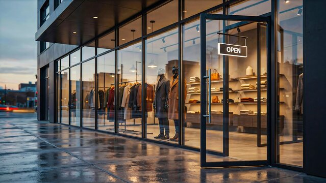 Modern clothing store entrance with glass storefront and open sign on rainy evening