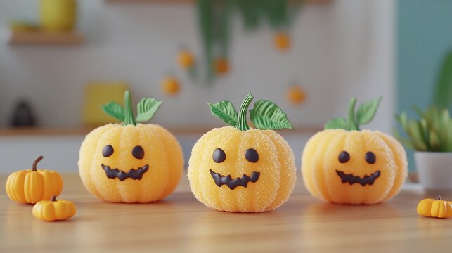 Three smiling sugar pumpkins with green leaves sit on a wooden table with two smaller pumpkins in the background.