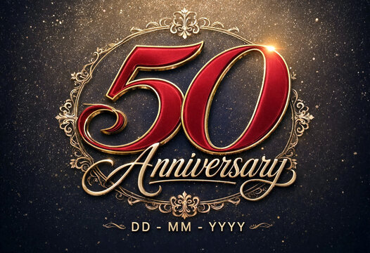 Elegant golden and red decorative fifty anniversary celebration design with ornate frame