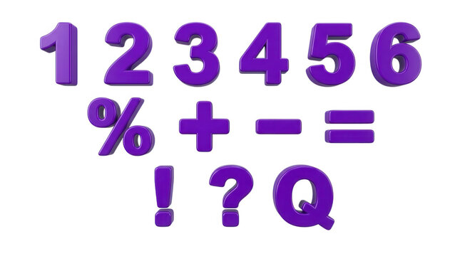 Set of 3d purple numbers and math symbols on a transparent background