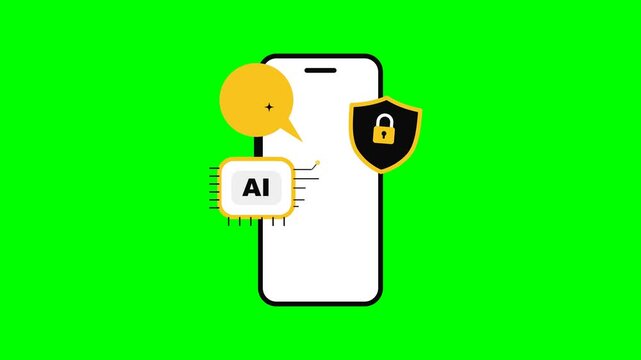 A slim white smartphone with AI chip whose straight circuit lines extend and retract, an opening padlock hinged on a swaying shield and alternating sparkles inside a yellow chat bubble on a green scre