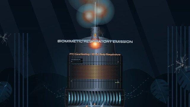 3D infographic animation demonstrating a biomimetic CO2 mosquito trap mechanism targeting Aedes aegypti with respiratory emission simulation vortex capture and non toxic retention