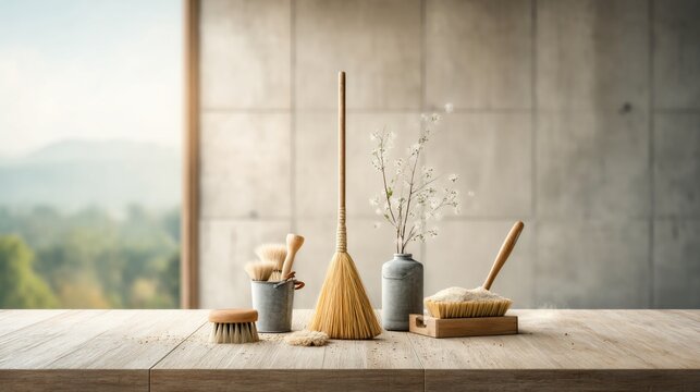 Cleaning tools artfully arranged on a wooden surface with natural light and a serene backdrop