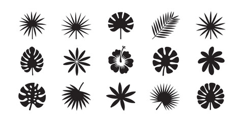 Obraz premium Tropical leaf and hibiscus flower black silhouette set for summer banner backdrop and template.