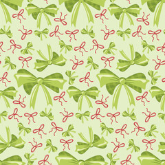Obraz premium Cute olive green ribbon bows and delicate red ribbon knots seamless pattern vector illustration on pale cream background
