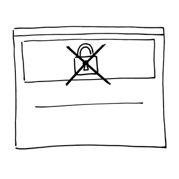 Hand drawn sketch of an insecure browser window with a crossed out padlock symbol representing lack of website security and data privacy risks