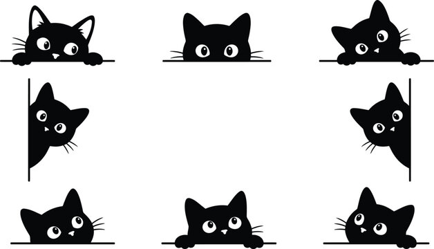 Cute black cat silhouettes peeking around borders playful animal collection