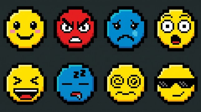 Pixel Art Retro Game Emoji Face Set 8 Bit Character Vector Icons
