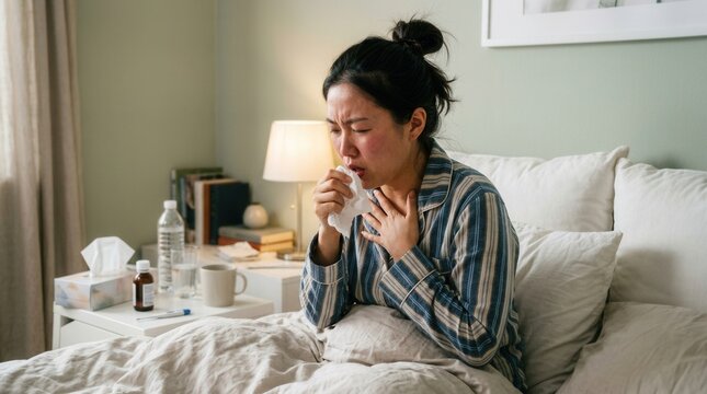 Sick Woman Coughing In Bed With Tissues Medicine And Water Nearby