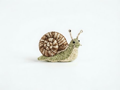 Garden snail with spiral shell moving slowly across white background