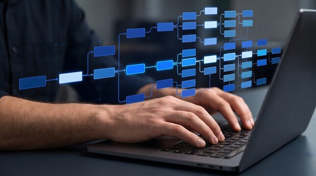Hands typing on laptop keyboard with glowing blue flowchart diagram overlay representing data analysis workflow management and digital strategy visualization