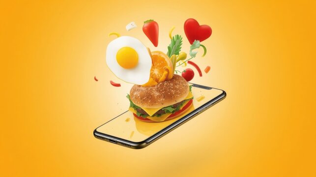 La pantalla de un tel&eacute;fono inteligente de la que surgen explosivamente una hamburguesa jugosa, un huevo frito y frutas y verduras coloridas que salen disparadas hacia afuera