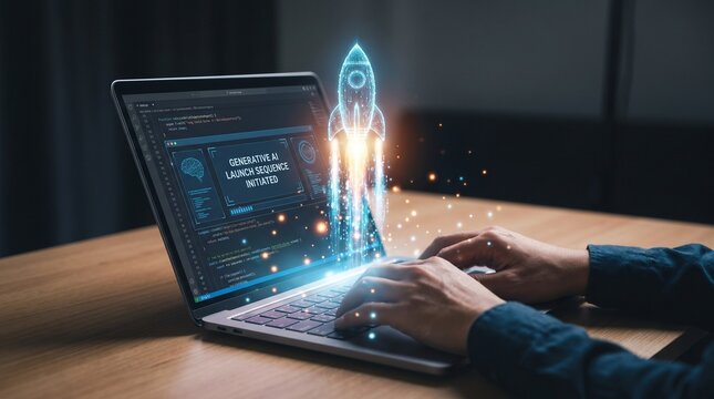 Launching Space Rocket From Laptop Screen. Generative AI .Space rocket launching from a laptop screen.
