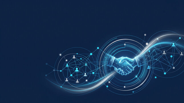 Digital handshake connecting network nodes during futuristic technology concept visualization