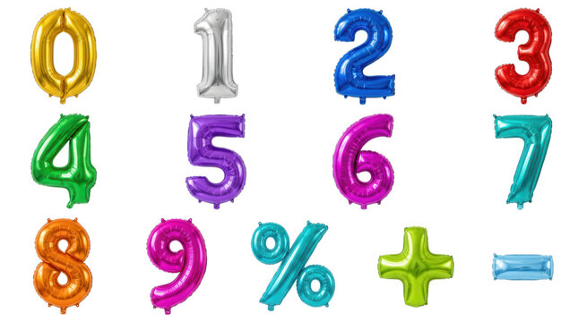 Colorful metallic foil balloon numbers zero to nine with math symbols