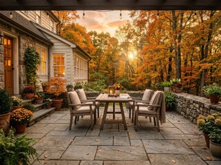 Obraz premium Cozy autumn patio with warm lighting , Fall And Autumn Season, Halloween, Thanksgiving