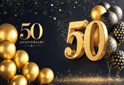 Elegant golden fifty anniversary celebration with balloons and glitter for special events and milestones