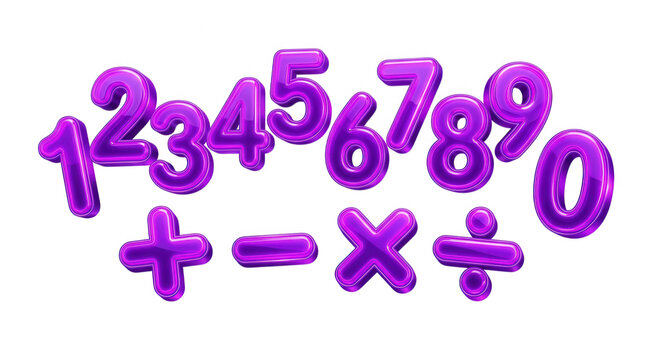 Shiny purple balloon numbers and math symbols isolated on transparent background