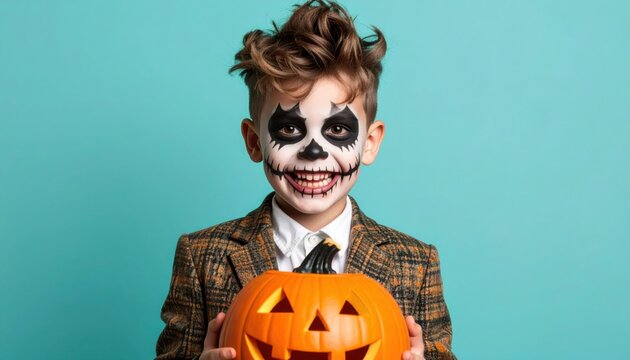 Child dressed in plaid jacket with skull face makeup holding jack o lantern smiling in cheerful Halloween portrait against turquoise background expressing holiday spirit