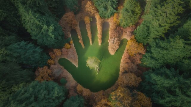 Aerial forest conservation concept with human hand symbol surrounded by green trees