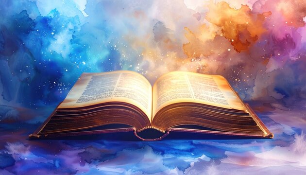 Sacred book glowing with radiant colors representing divine inspiration faith and hope in spiritual journey across cosmic landscape