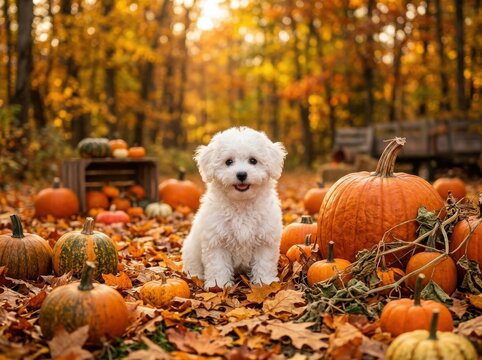 white dog sitting among pumpkins , Fall And Autumn Season, Halloween, Thanksgiving