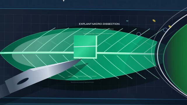 Animation of plant tissue culture micropropagation process showing explant micro-dissection agar inoculation cellular dedifferentiation shoot induction and root differentiation into clonal plantlets