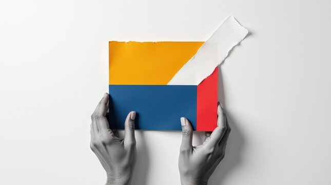 Manos en escala de grises alineando cuidadosamente unas pocas formas de papel de trazo firme para lograr un equilibrio geom&eacute;trico abstracto