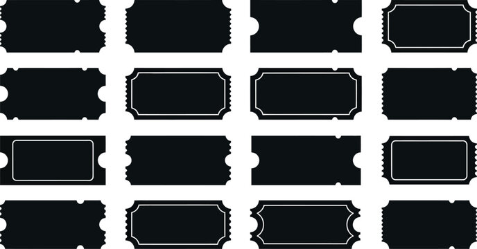 Vintage ticket stubs and blank cinema coupons, set of 16 black vector silhouettes, retro admission pass templates for events and movies