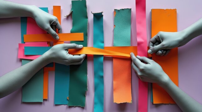 Manos en escala de grises pasando cintas estrechas de papel de colores vivos a trav&eacute;s de una cuadr&iacute;cula de ventanas recortadas irregulares