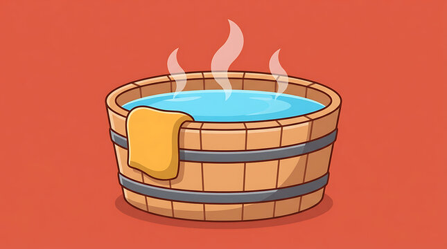 Traditional wooden onsen hot tub with steam and yellow towel illustration for spa and wellness concept