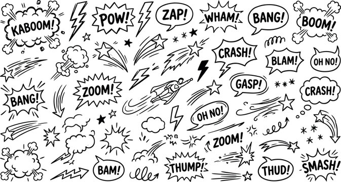 Comic book sound effects and speech bubbles vector set, hand drawn pop art explosion clouds, black and white superhero action elements for graphic design