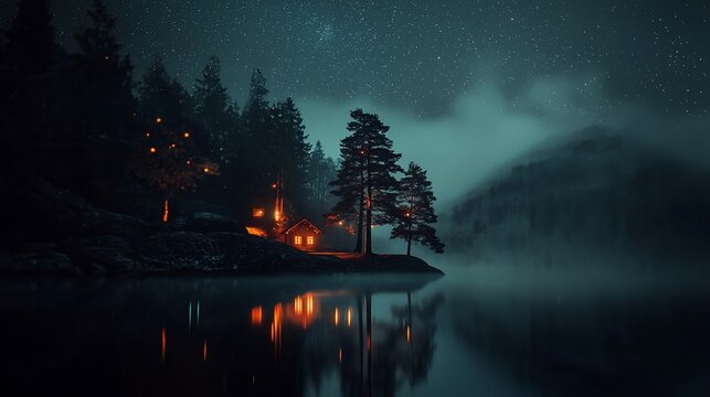 Night lake cabin, misty forest, starlit sky reflection.