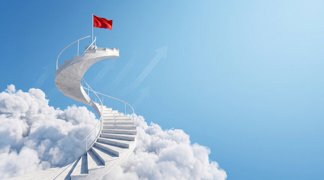 Spiral staircase to red flag on cloud reaching sky during bright daylight conceptualizing success