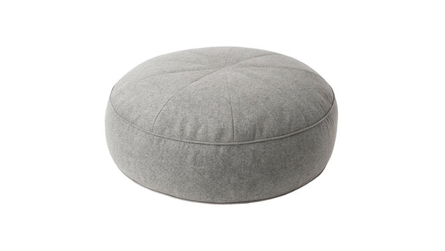 Round grey fabric pouf ottoman isolated on dark background