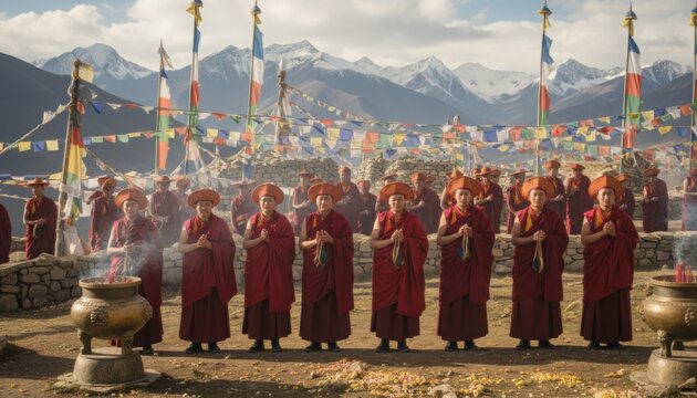 Tibetan monks standing in line during prayer ceremony surrounded by colorful prayer flags with snowy Himalayan mountains in background