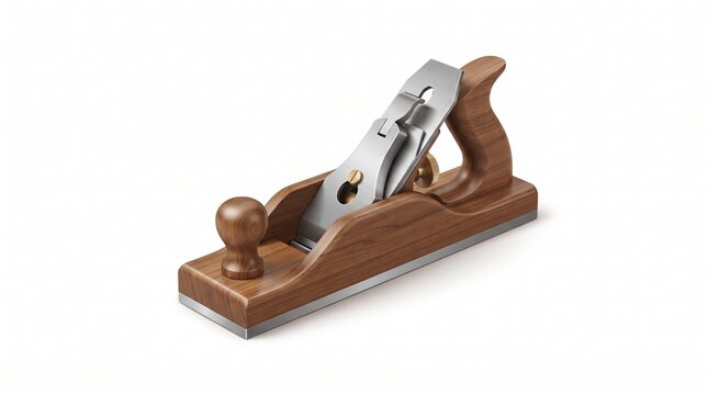 Wooden hand plane with polished brown wood body, front knob and rear handle, steel blade with brass adjustment knob, carpentry tool for smoothing wood, isolated on white background.