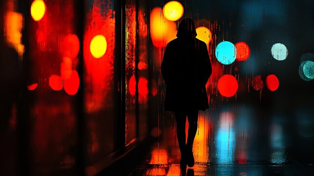 Silhouette of person walking in rain at night with blurred city lights.
