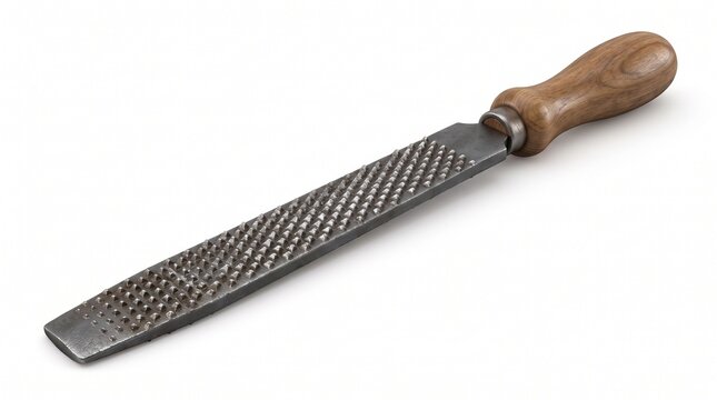 Woodworking rasp file with coarse metal teeth, flat steel blade and polished wooden handle with metal ferrule, hand tool for shaping wood, isolated on white background.
